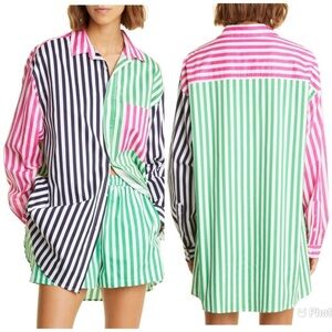 BLANCA Oversized Colorblock Striped Button‎ Up Shirt Green Pink XS S